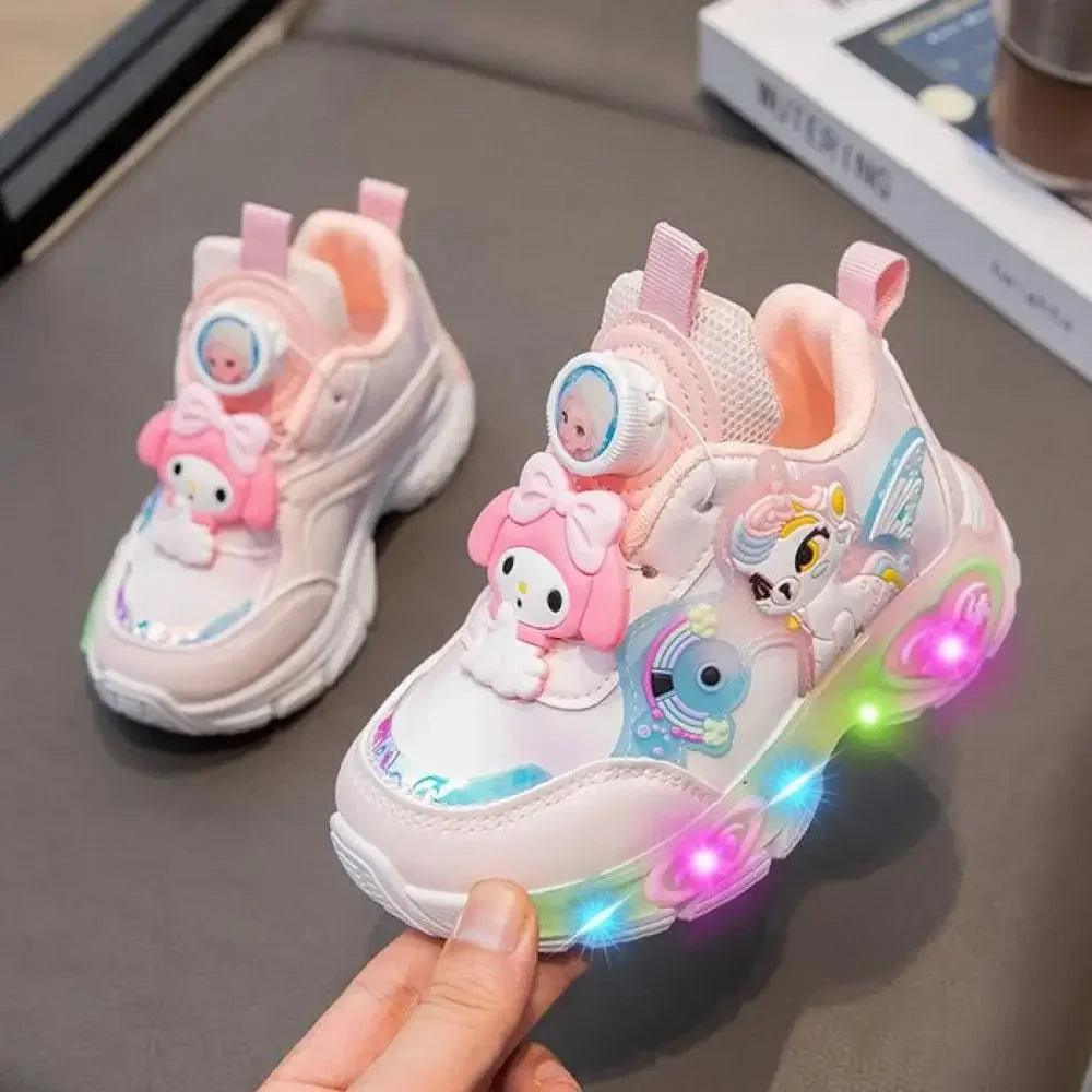 Sanrio Melody Casual Shoes Baby Girls Children's Led Light Sneakers Kawaii Cartoon Spring New Nonslip Sports Shoes Luminous Shoe
