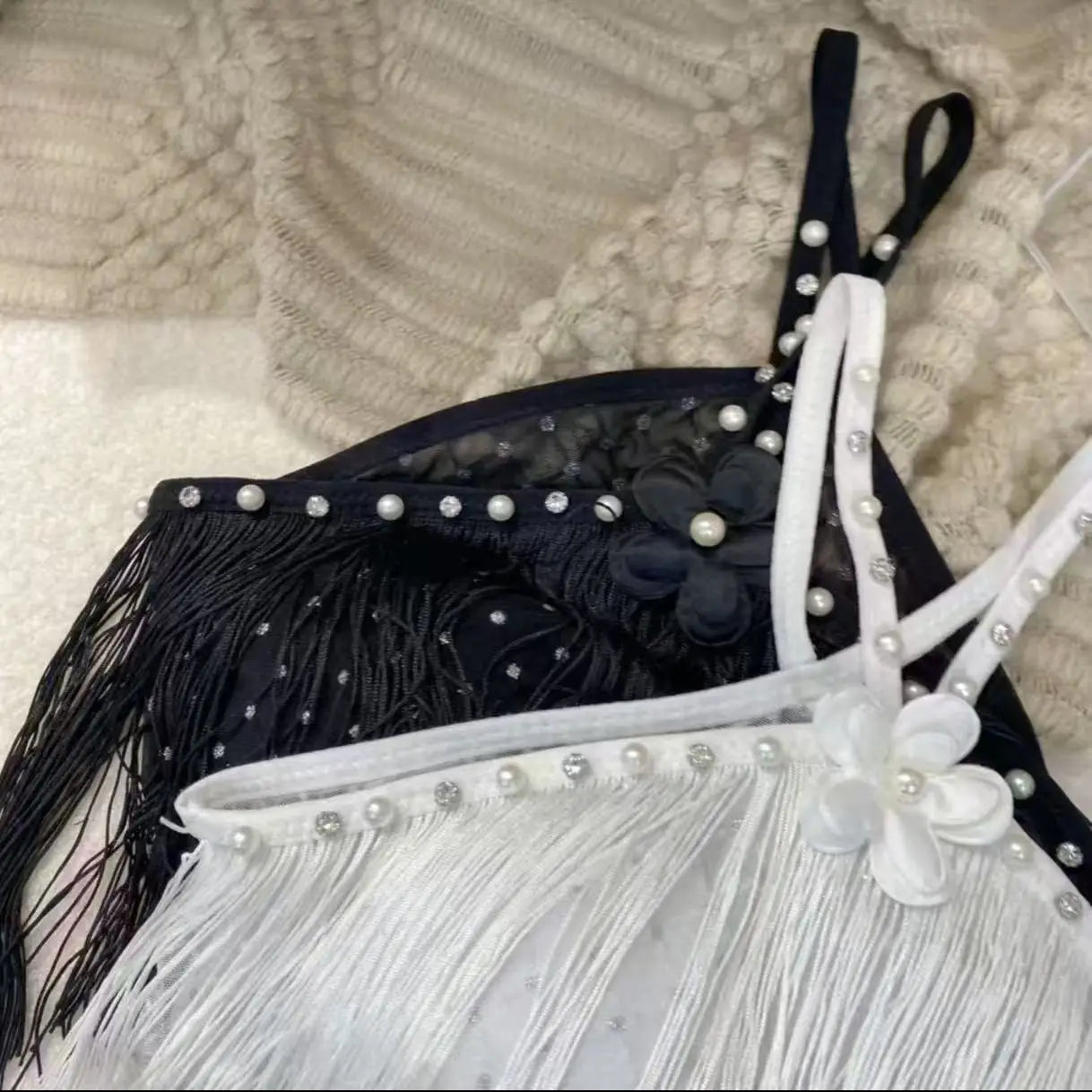 Decorative Halter Top with Padded Cups, Long Tassel, Pearl Sparkling Diamond, Retro Millennial Style, Sexy Halter