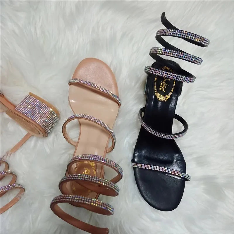 Summer Fashio 4CM Thick Heel Gladiator Sandals Women Flat Sandals Snake Punk Rhinestone Women Sandals Wedding Shoes
