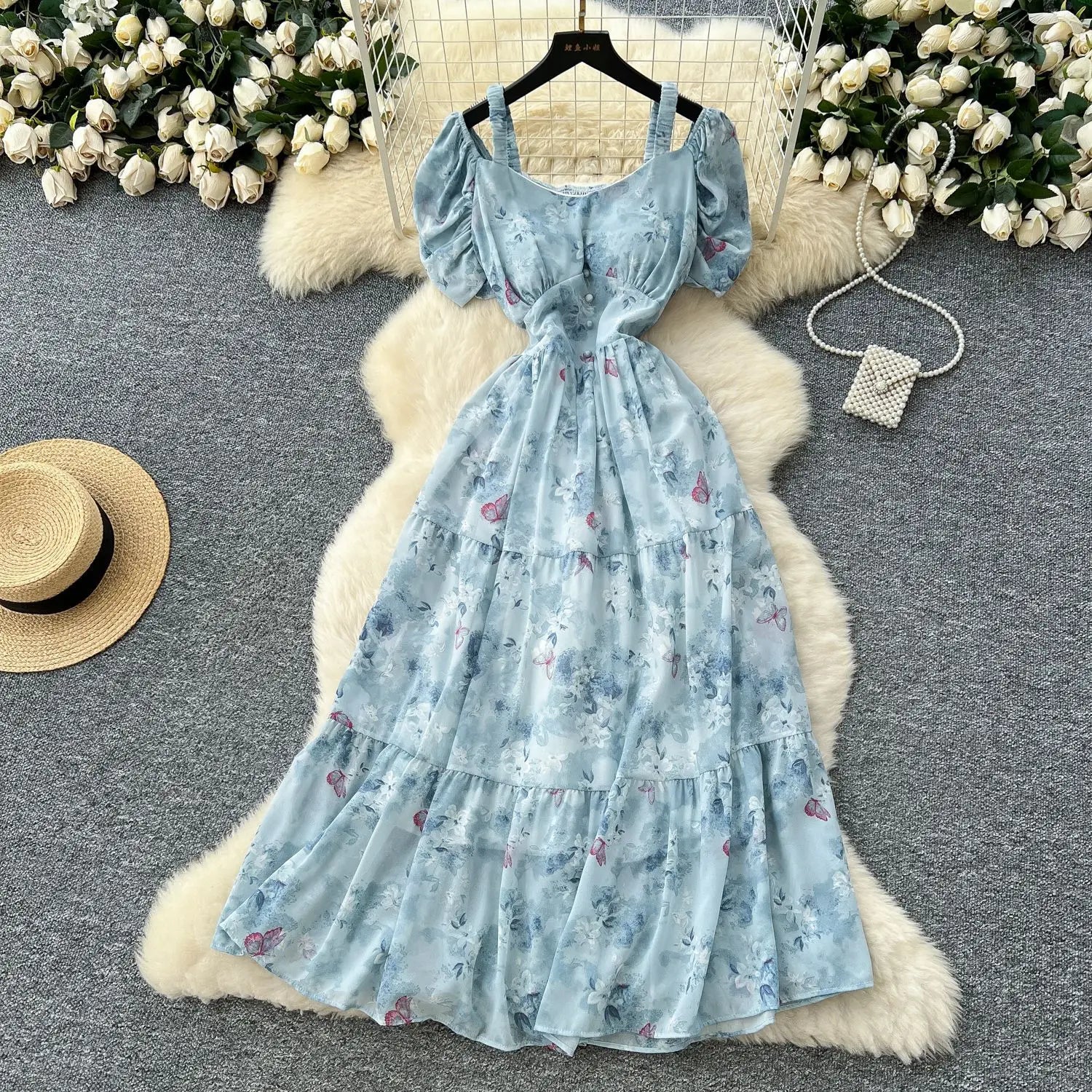 Summer 2025 French Style New Fashion Women's Elegant Trendy Printed Short Puff Sleeve Ankle Length Slim Dresses Female Clothes