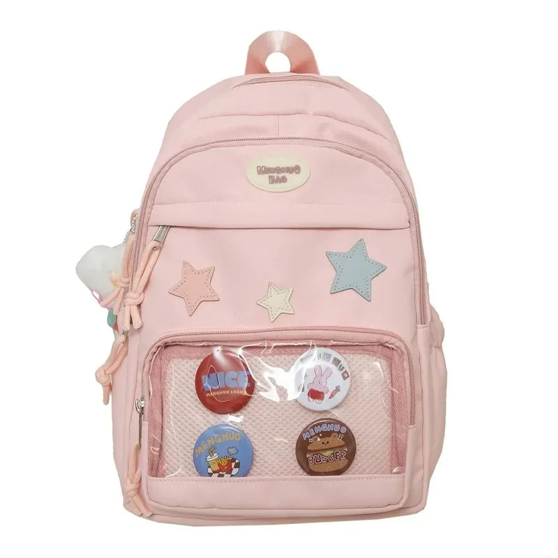 Casual Transparent Badge Large Capacity Commuter Backpack Suitable for Middle School Students Cute School Style Double Shoulder