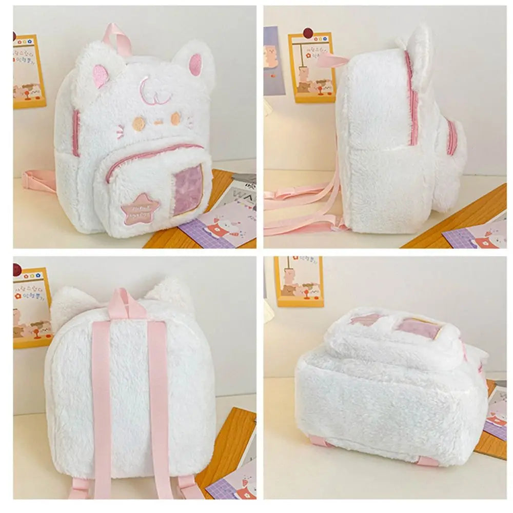 Cute Cat Women Backpack Plush Fluffy Kawaii Small Cartoon Idol Photocard Pouch Itabag Students Lolita Jk Daily Female Bag
