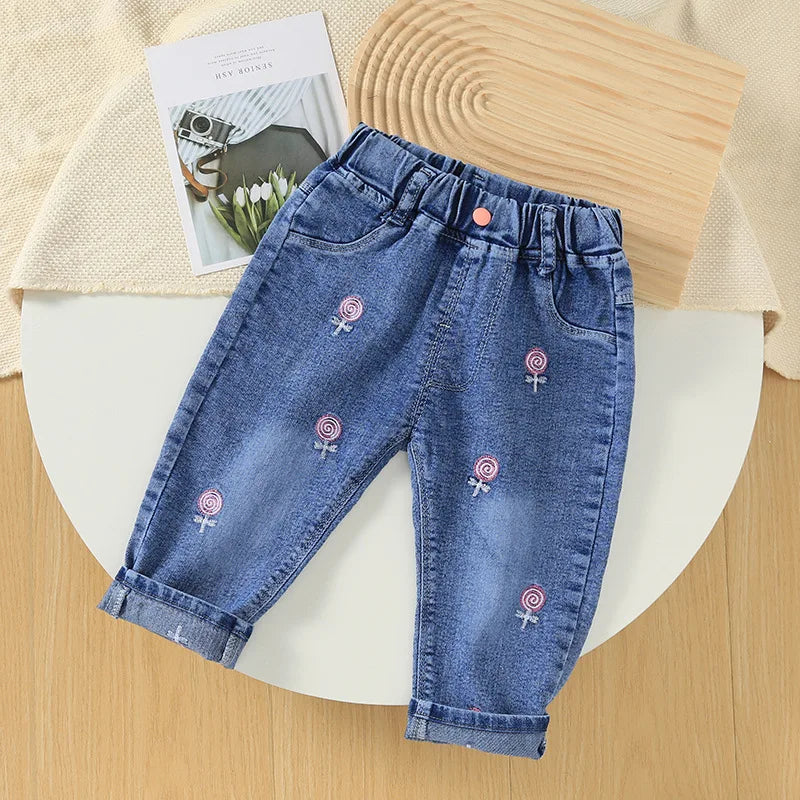 New children's denim pants girls' spring and autumn strawberry embroidery elastic versatile fashion pants 0-5 years old