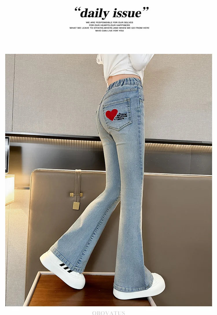 Child Slim Close-fitting Heart Pattern Flared Jeans For Girls Elegant Boot Cut Denim Leggings Pants Kids Fashion Jeans Trousers