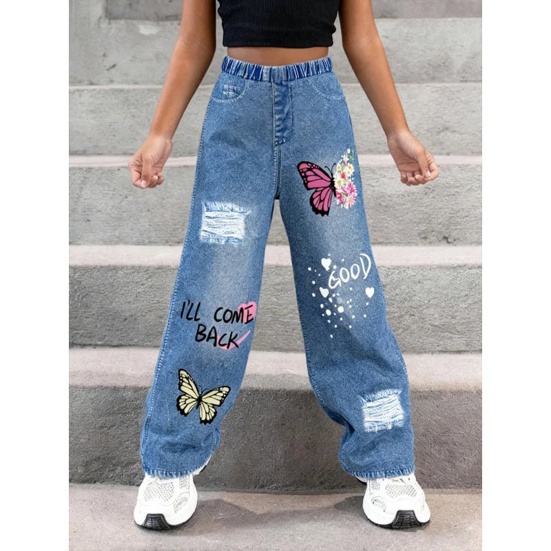 2025Girls' Y2K Butterfly Print Ripped Faux Jeans High-Rise Elastic Waist Loose Wide-Leg Faux Jeans