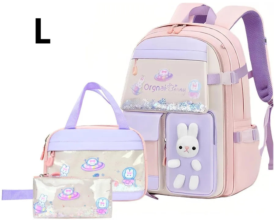 Cute Student Backpack 3pcs/set Primary Schoolbag Rabbits and quicksand Kawaii Student Backpack Teenage Girls Handbag Rucksack