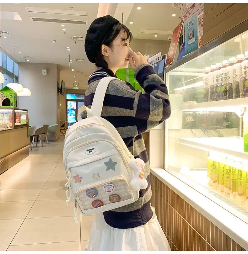 Casual Transparent Badge Large Capacity Commuter Backpack Suitable for Middle School Students Cute School Style Double Shoulder