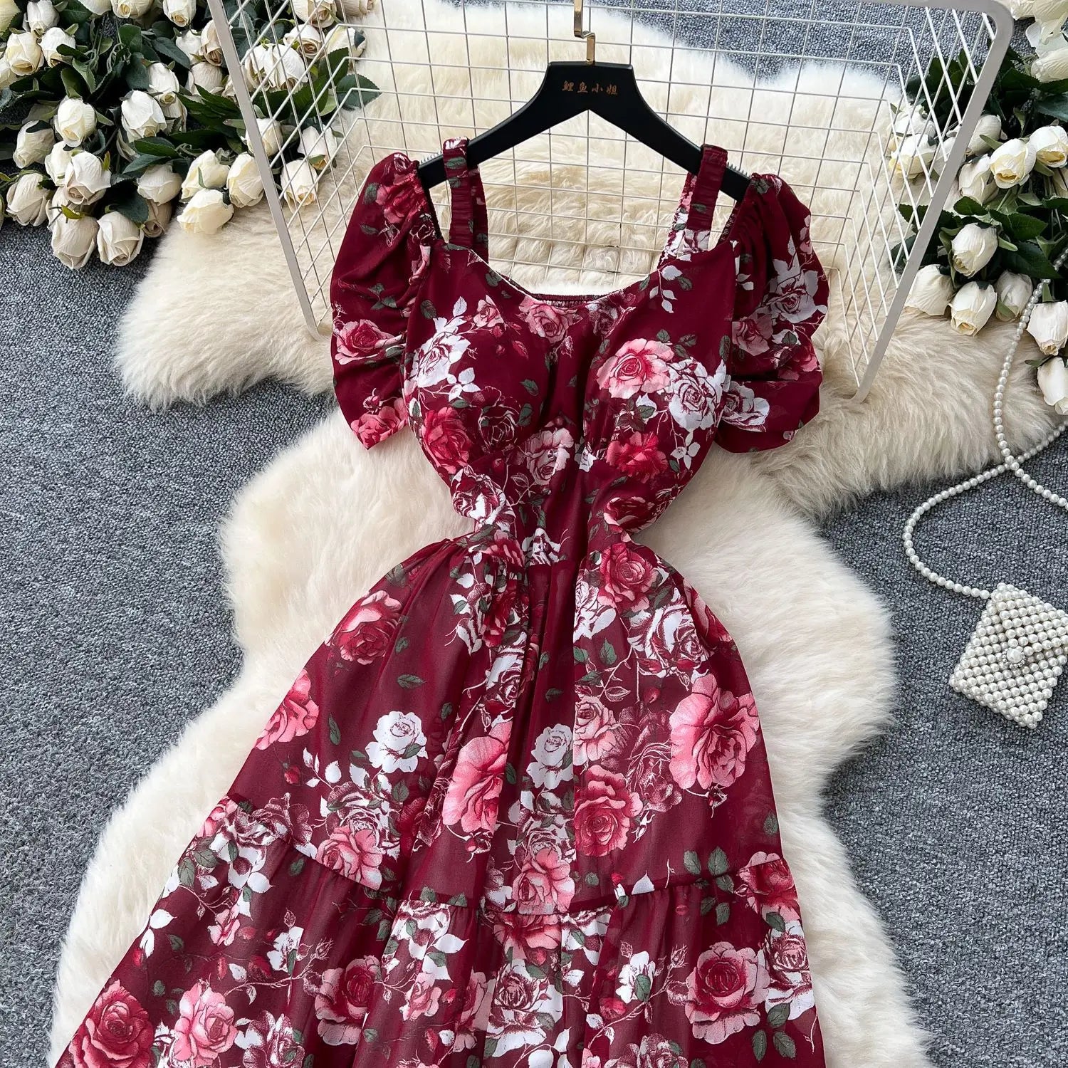Summer 2025 French Style New Fashion Women's Elegant Trendy Printed Short Puff Sleeve Ankle Length Slim Dresses Female Clothes