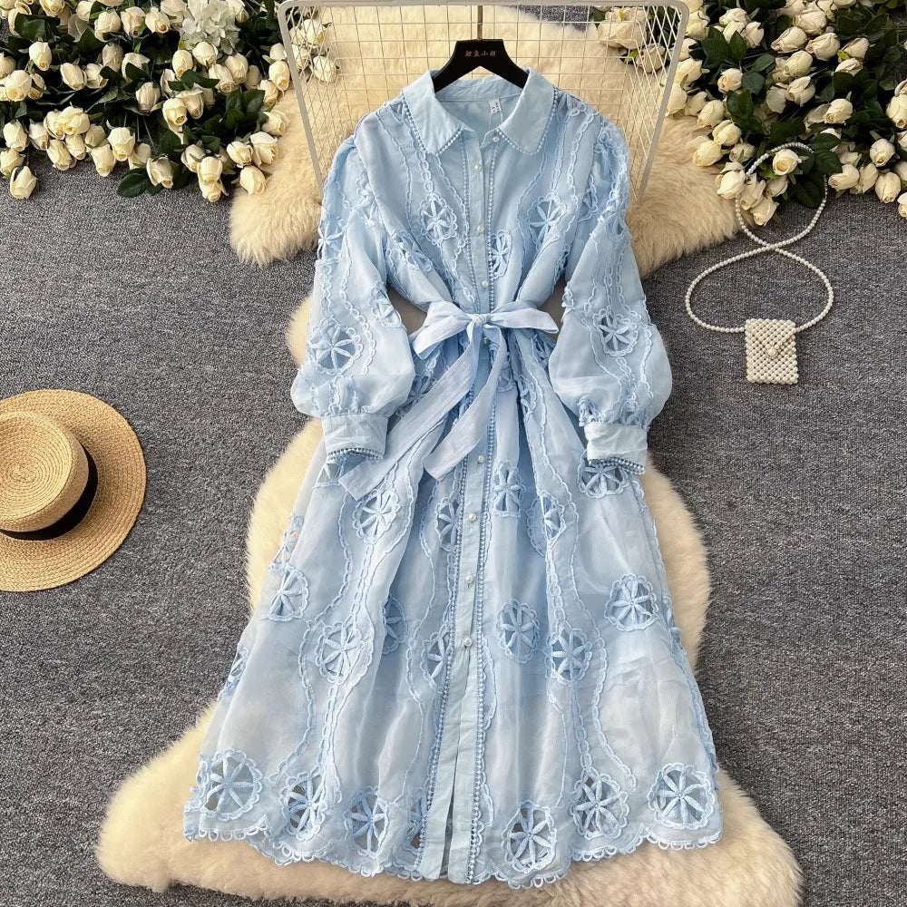 Elegant Embroidery Vintage Lantern Sleeves Lapel Single Breasted Chic Bandage Slim Long Dresses Women High Street Clothing
