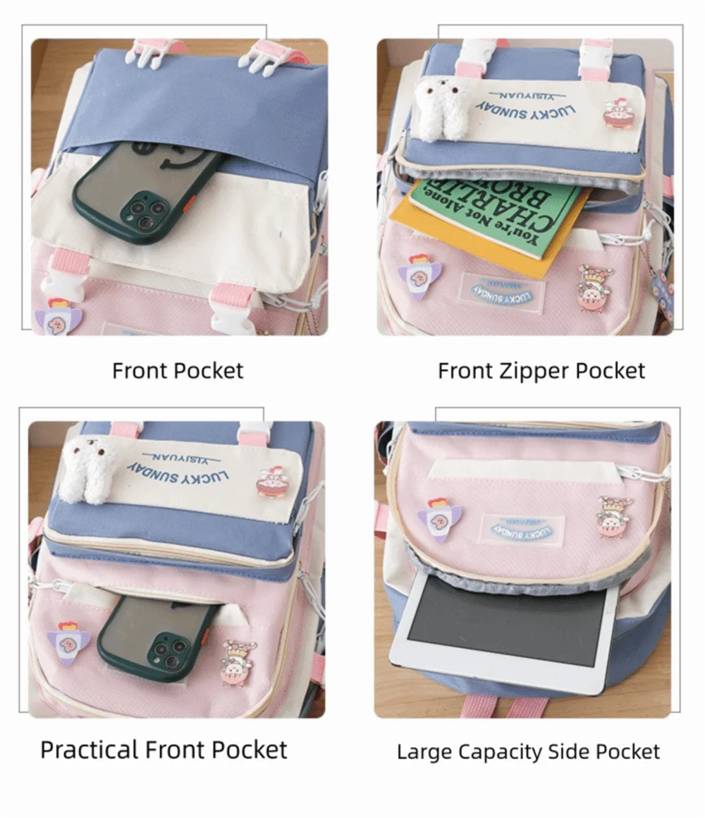 5 Pcs Cute Large Capacity Backpack Set Multifunctional Breathable Student Schoolbag Buckle Coin Purse School