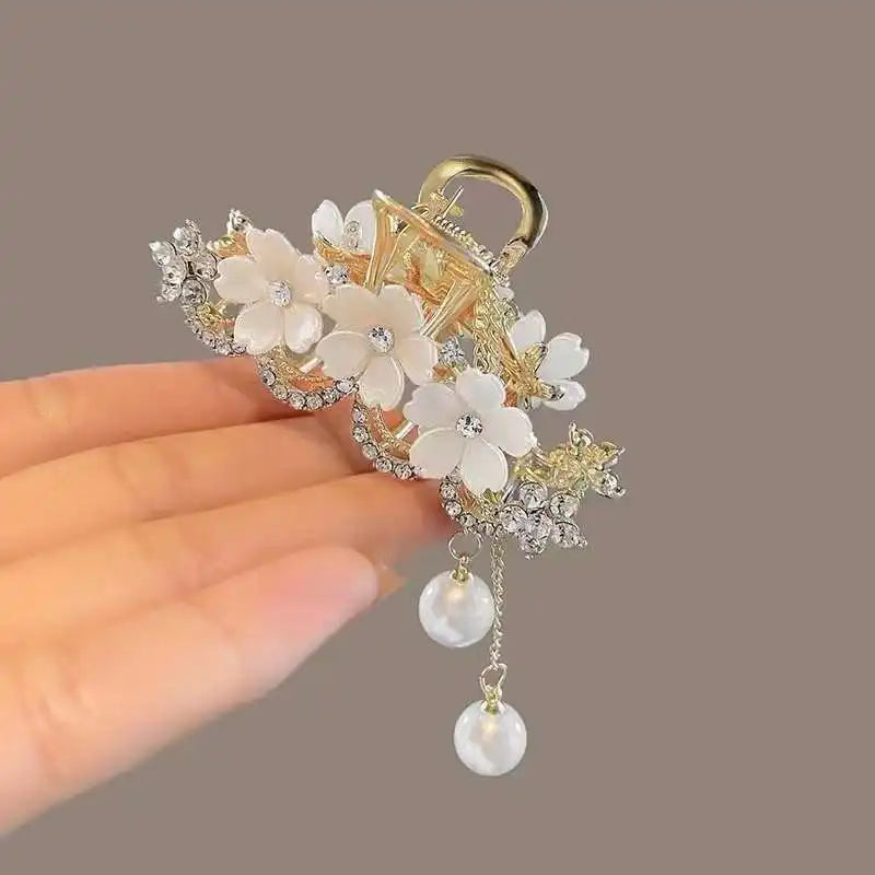 1pcs Fashion Elegant Exqusite Crystal Flower Pearl Tassel Hair Claws For Women Girls Party Ponytail Hair Accessories