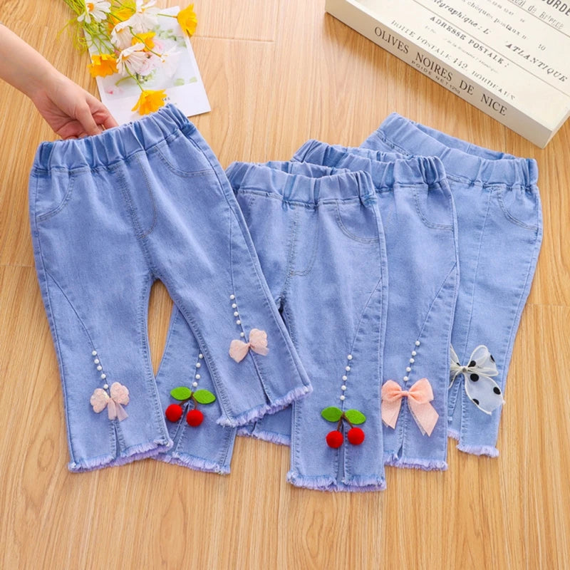 Kids Girls Children Jeans Autumn Spring Cute Bowknot Long Pants Fashion Casual Trousers Baby Girls Denim Pants