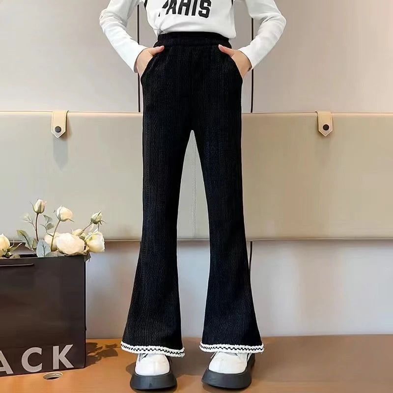 Girl's Autumn Winter New Mid-Weight Flared Jeans with Integrated Fleece-Lining, Stylish Casual Pants for Tween Girls