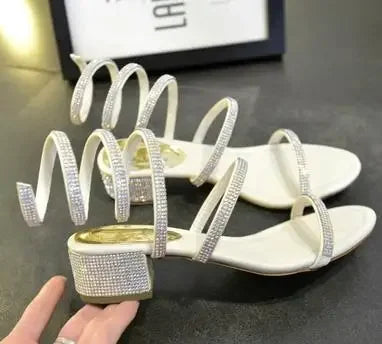 Summer Fashio 4CM Thick Heel Gladiator Sandals Women Flat Sandals Snake Punk Rhinestone Women Sandals Wedding Shoes