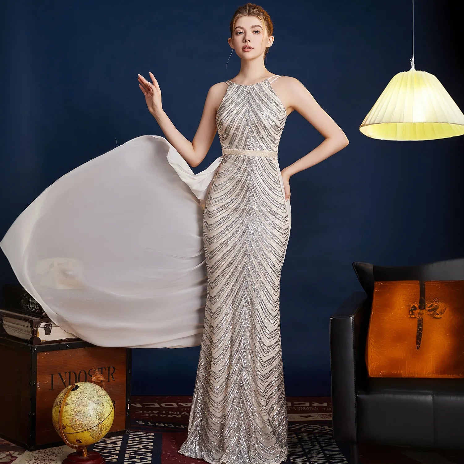 Chic High Sleeveless Sexy Backless Beading Sequined Mermaid Formal Evening Dresses Birthday Party Prom Gowns Elegant Luxury