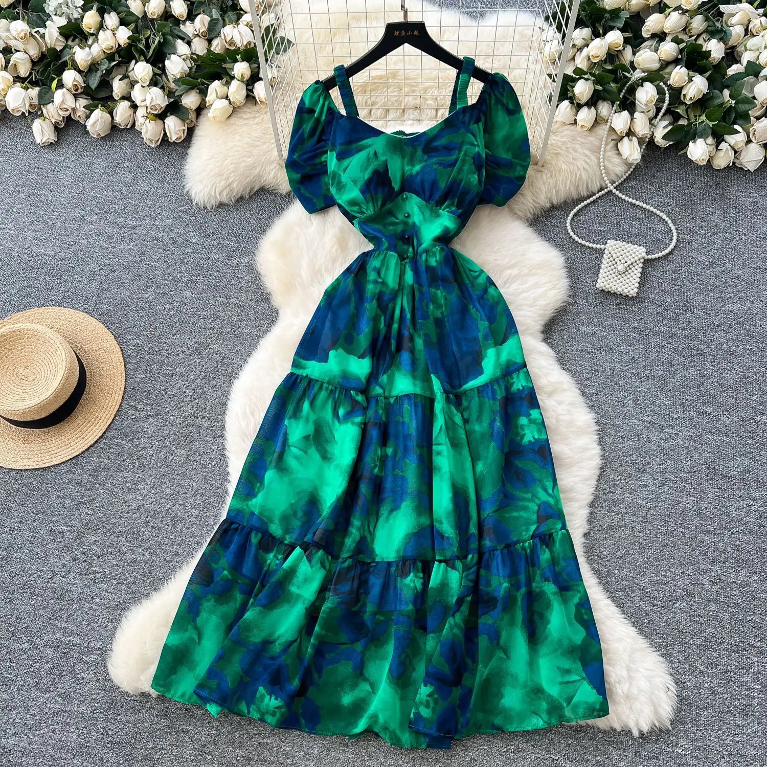 Summer 2025 French Style New Fashion Women's Elegant Trendy Printed Short Puff Sleeve Ankle Length Slim Dresses Female Clothes
