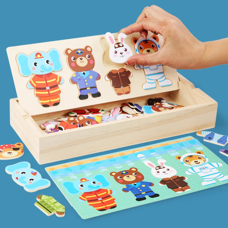 Little Bear Change Clothes Montessori Kids Early Education Wooden Jigsaw Puzzle Dressing Game Baby Puzzle Toys For Children Gift