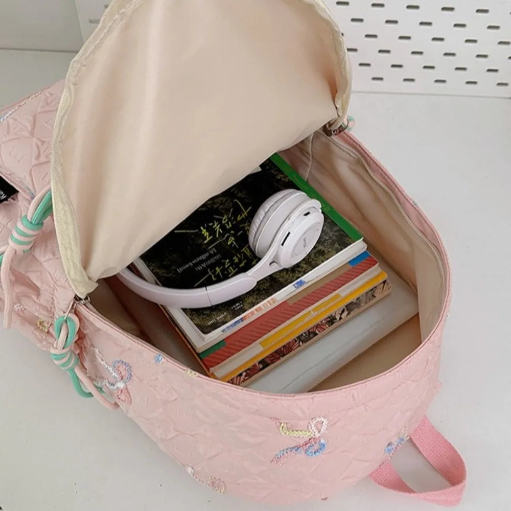 Fashion Embroidered Bow Backpack Nylon Large Capacity Students Schoolbag Multiple Pockets Wear-resistant Travel Rucksack