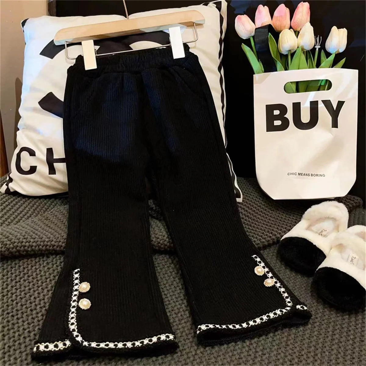 Girls' pants solid color plus fleece micro bell-bottoms winter new foreign style straight pants fashion Korean girls' pants