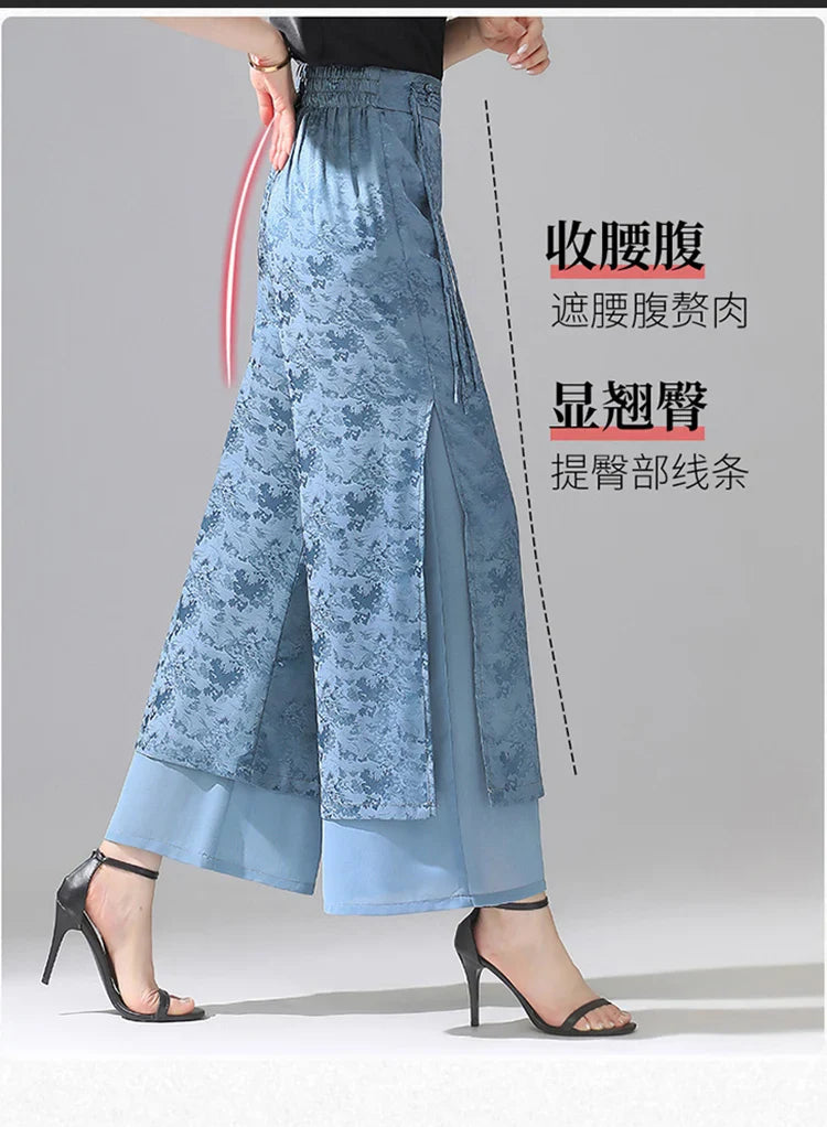Chiffon Wide Wide Trousers Female Elegant Vintage New Pants Summer Thin Split Loose Skirt Pants Women Black Green
