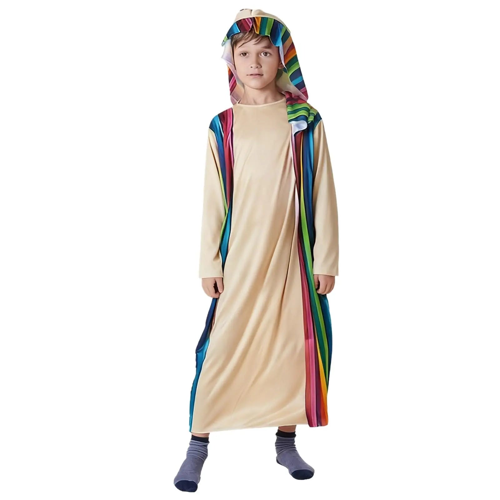 Boys Ethnic Gown Beige Rainbow Stage Clothing Striped Tunic Hooded Capelet Themed Cosplay Party 2026 Stylish Lively Outfit Abito