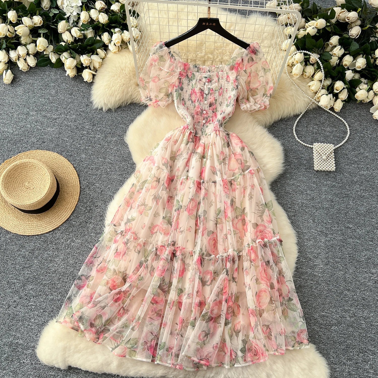 Retro Floral Chiffon Dr Women's Waist Cinched One oulder Bubble Sve Me Skirt Commute Korean Sle High Waist A-Line...