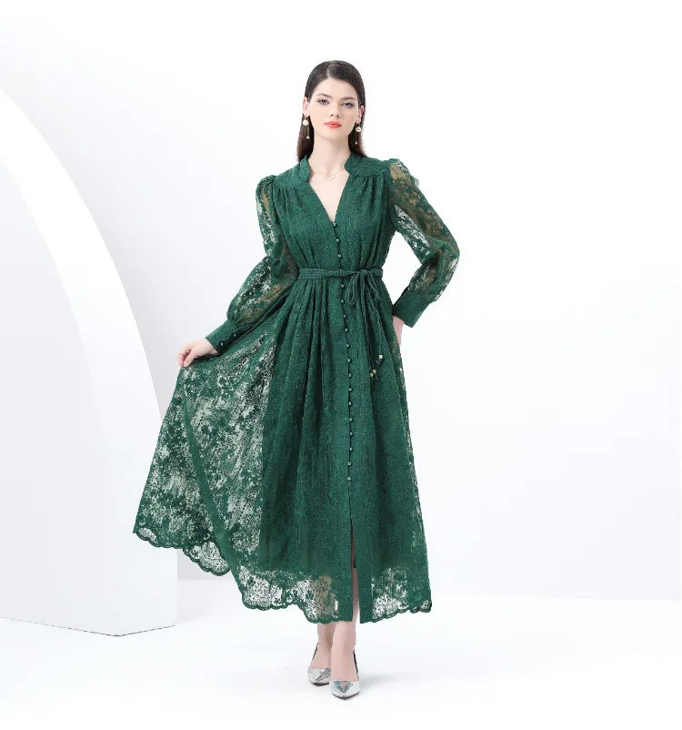 Luxury High-end Women Clothing Dress Spring Fitted Waist Embroidery V-neck Bell Sleeves Long Sleeves Single-breasted Long Dress