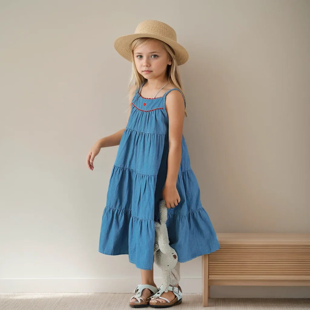Summer Girls Denim Dress Fashion Girls Beach Holiday Long Dresses Baby Girl Casual Clothes