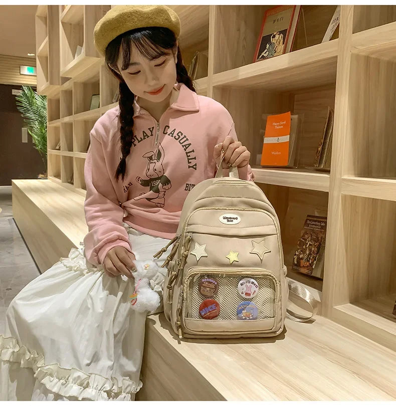 Casual Transparent Badge Large Capacity Commuter Backpack Suitable for Middle School Students Cute School Style Double Shoulder