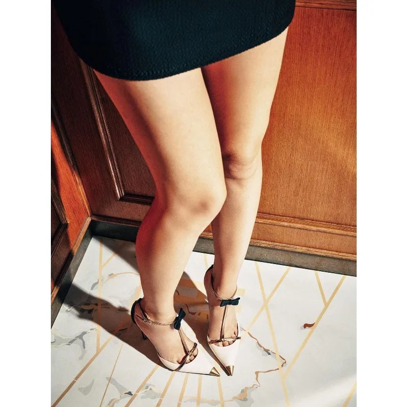 High heeled women's 2025 new hollow pointed color blocked niche butterfly bow metal toe cap straight strap thin heel sandals