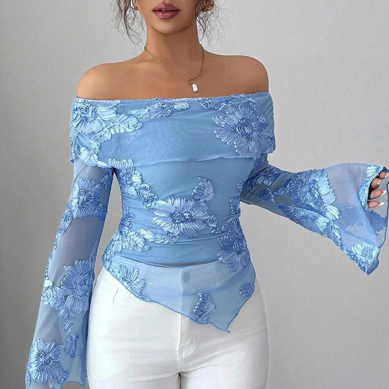 Sexy Irregular Off Shoulder Printed Long Sleeve T-Shirt Women Elegant Slim Fit T Shirts For Women Fashion Tops Tee