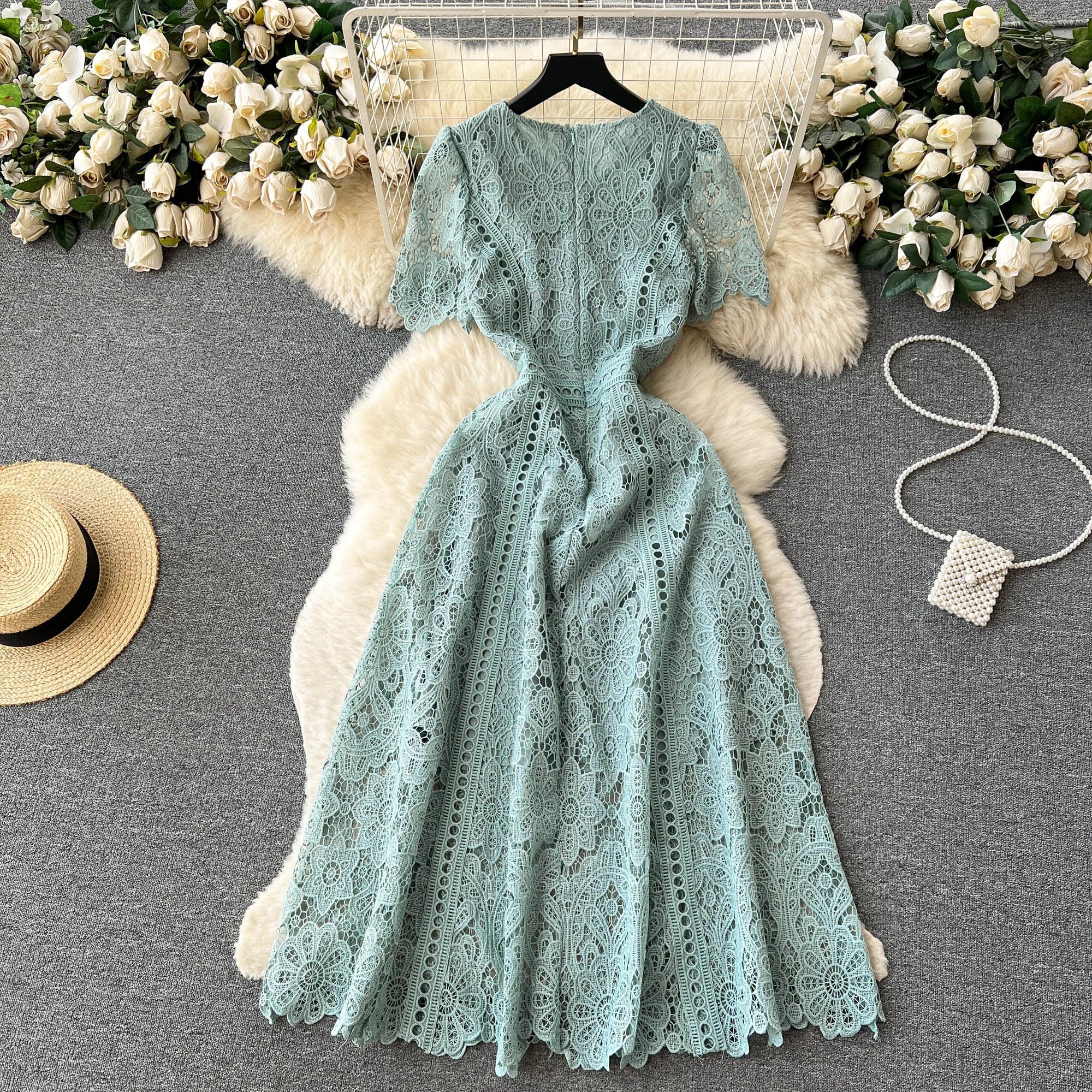 Embroidery Crochet Hollow Out Lace Dress For Women Summer Fashion Runway Short Sleeve Slim Waist Casual Party Midi Vestidos 6931