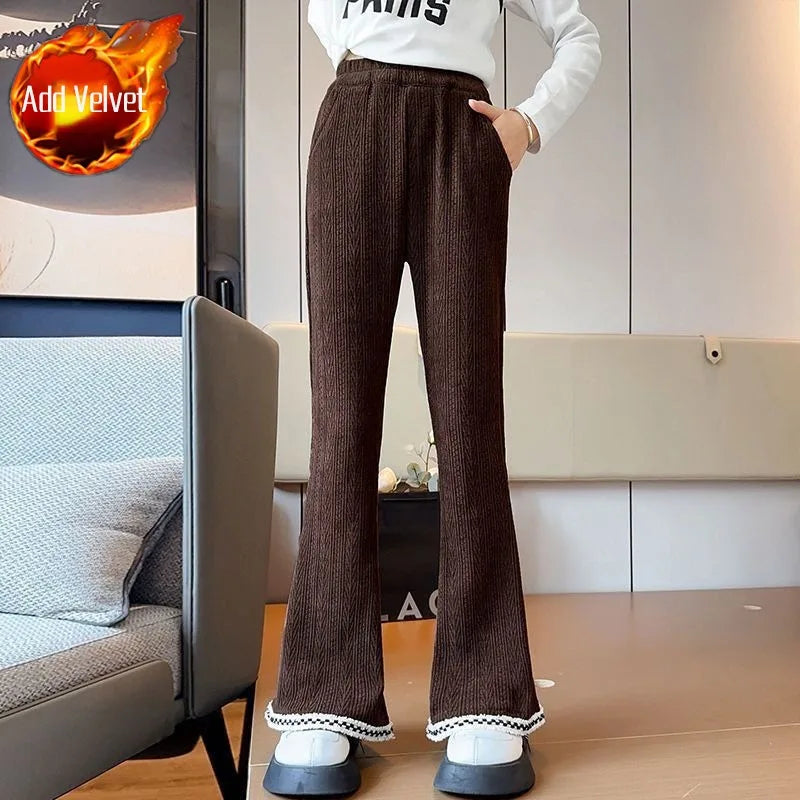 Girl's Autumn Winter New Mid-Weight Flared Jeans with Integrated Fleece-Lining, Stylish Casual Pants for Tween Girls