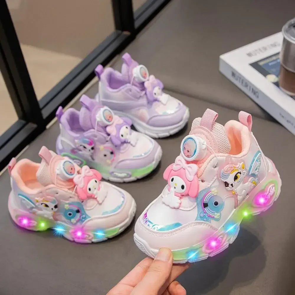 Sanrio Melody Casual Shoes Baby Girls Children's Led Light Sneakers Kawaii Cartoon Spring New Nonslip Sports Shoes Luminous Shoe