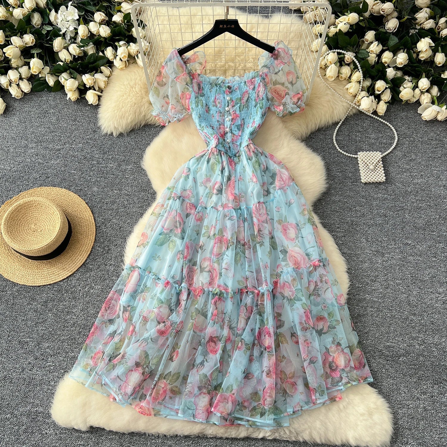 Retro Floral Chiffon Dr Women's Waist Cinched One oulder Bubble Sve Me Skirt Commute Korean Sle High Waist A-Line...