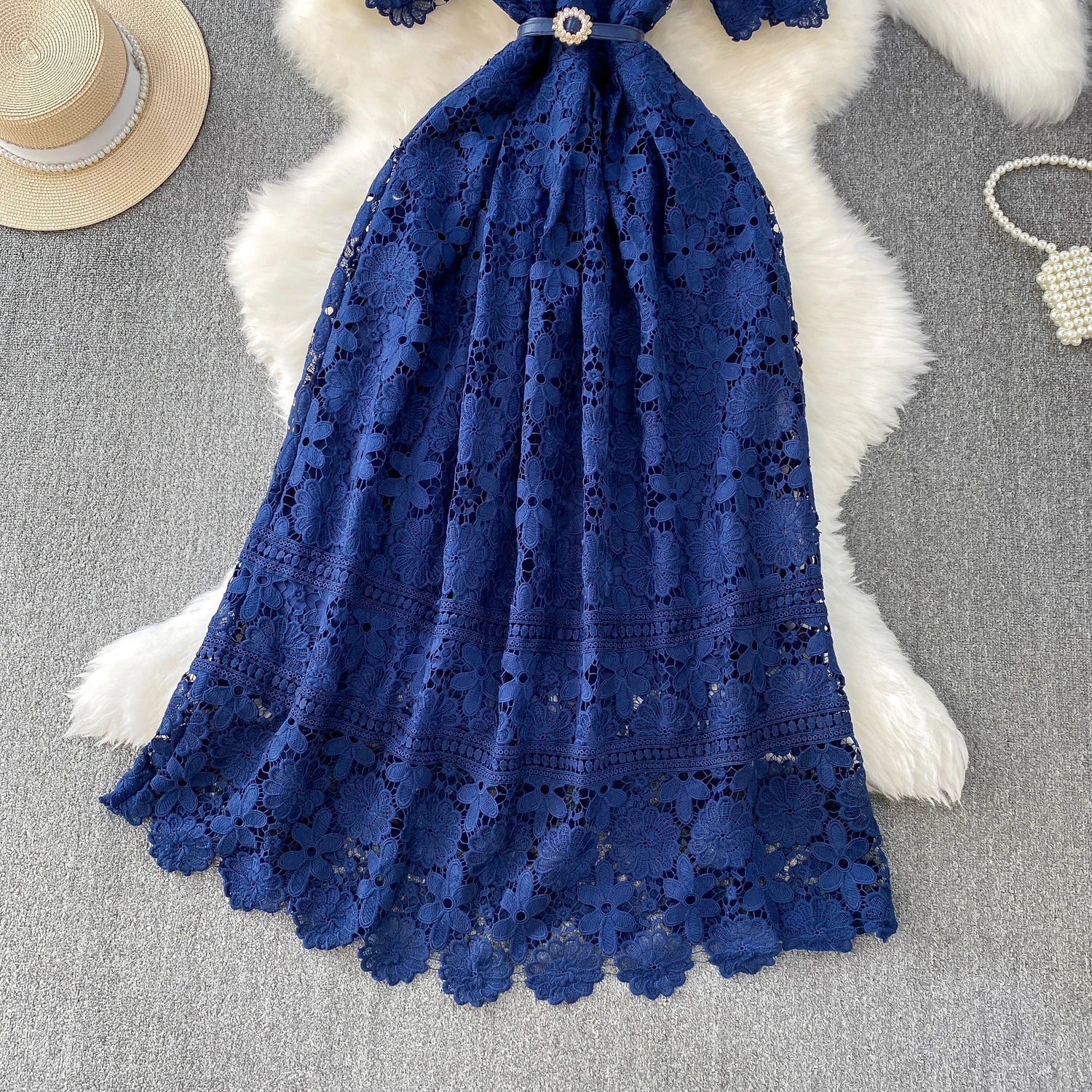 Brand Design Summer Embroidery Lace Long Dress Women Hollow Out Short Sleeve Midi Dresses Lady Belt Prom Evening Party Vestidos