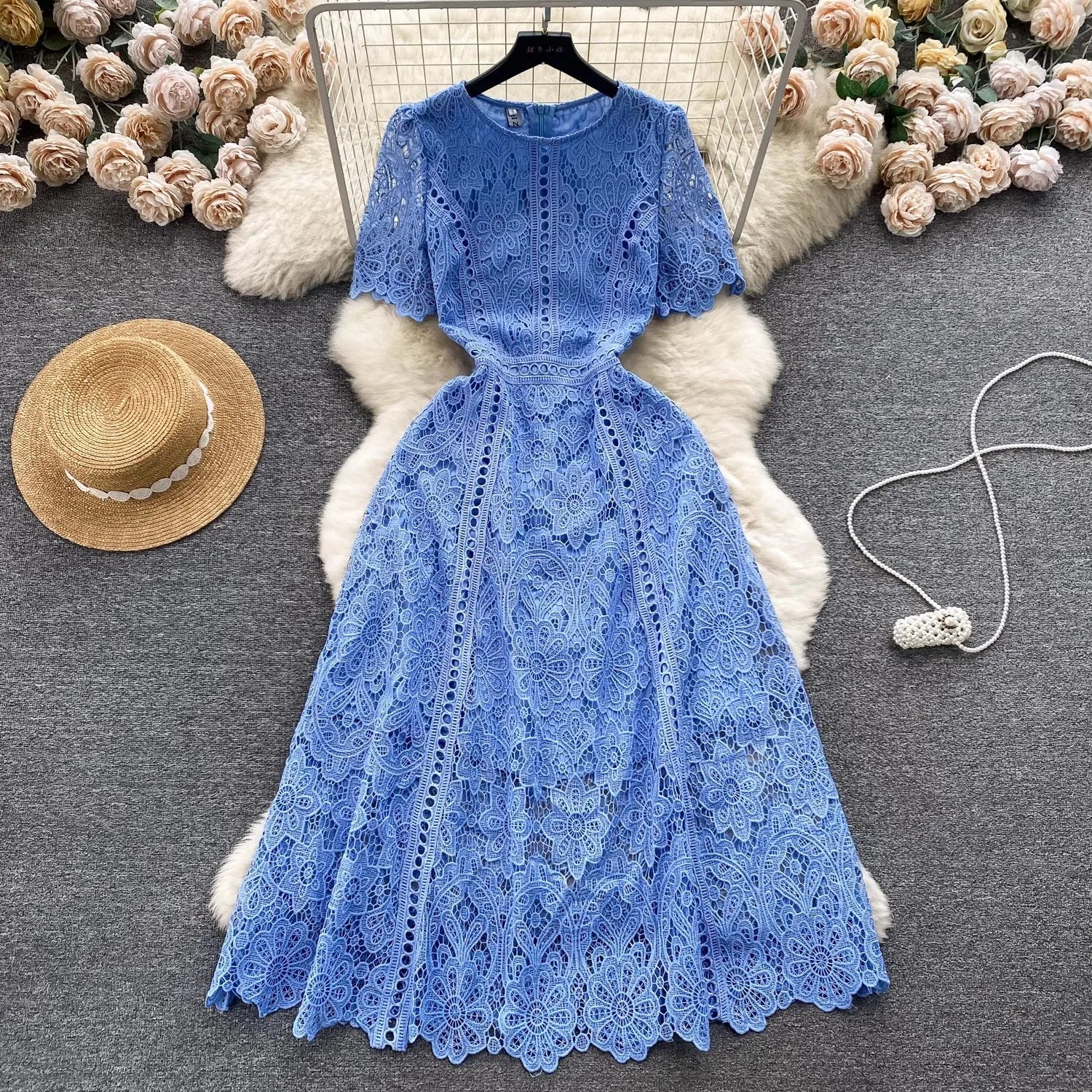 Embroidery Crochet Hollow Out Lace Dress For Women Summer Fashion Runway Short Sleeve Slim Waist Casual Party Midi Vestidos 6931