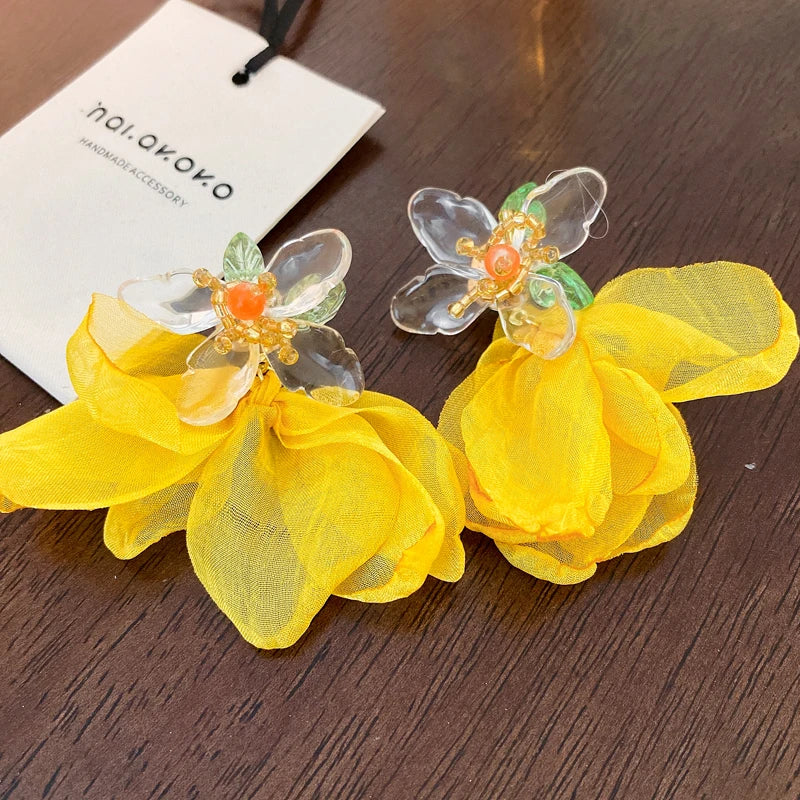 Pink Flowers Mesh Long Tassel Earrings For Women Sweet Temperament Crystal Drop Dangle Earring Party Wedding Jewelry Wholesale