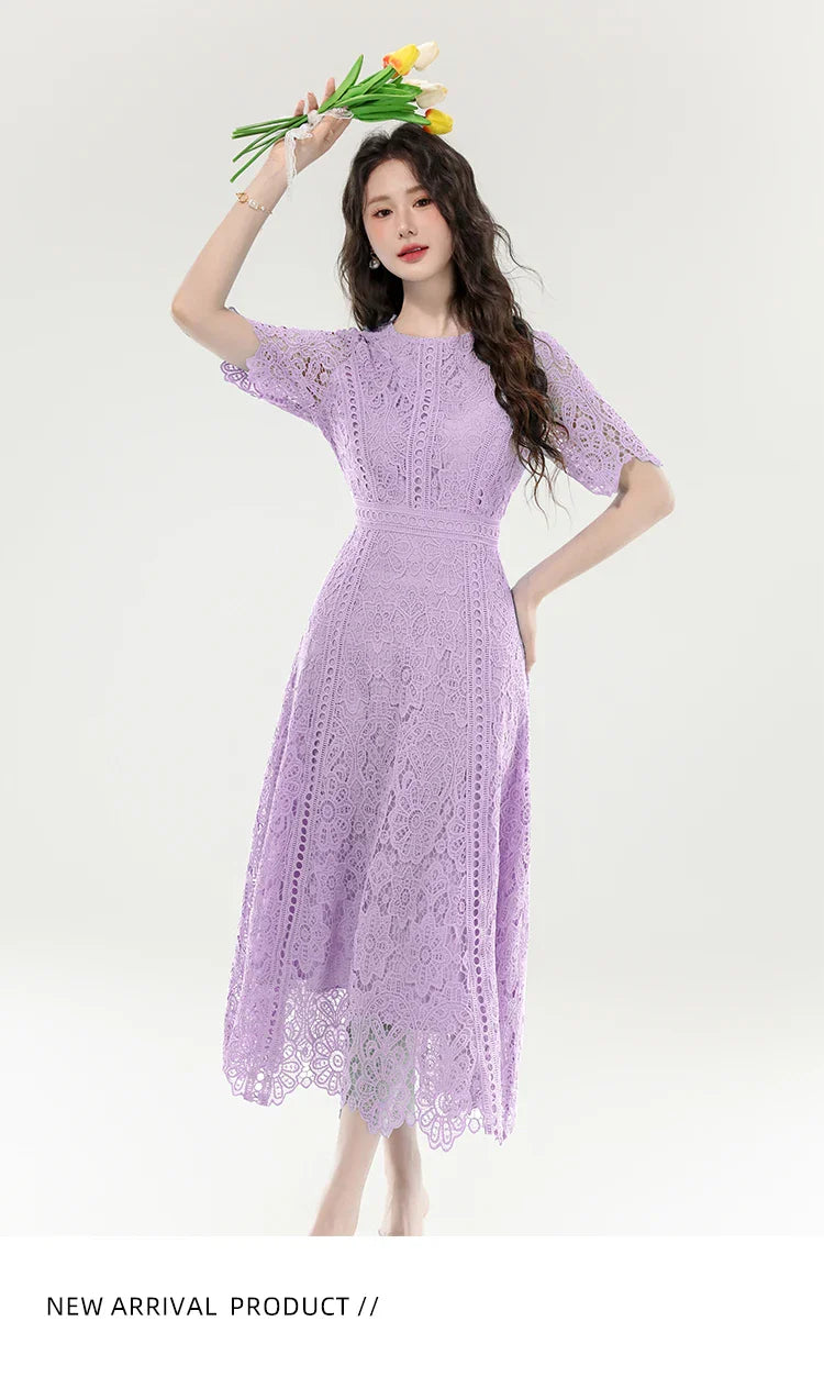 High Quality Lace Hollow Out Women Long Elegant Office Dress Summer French Chic Casual Vintage Purple Short Sleeve A-line Dress