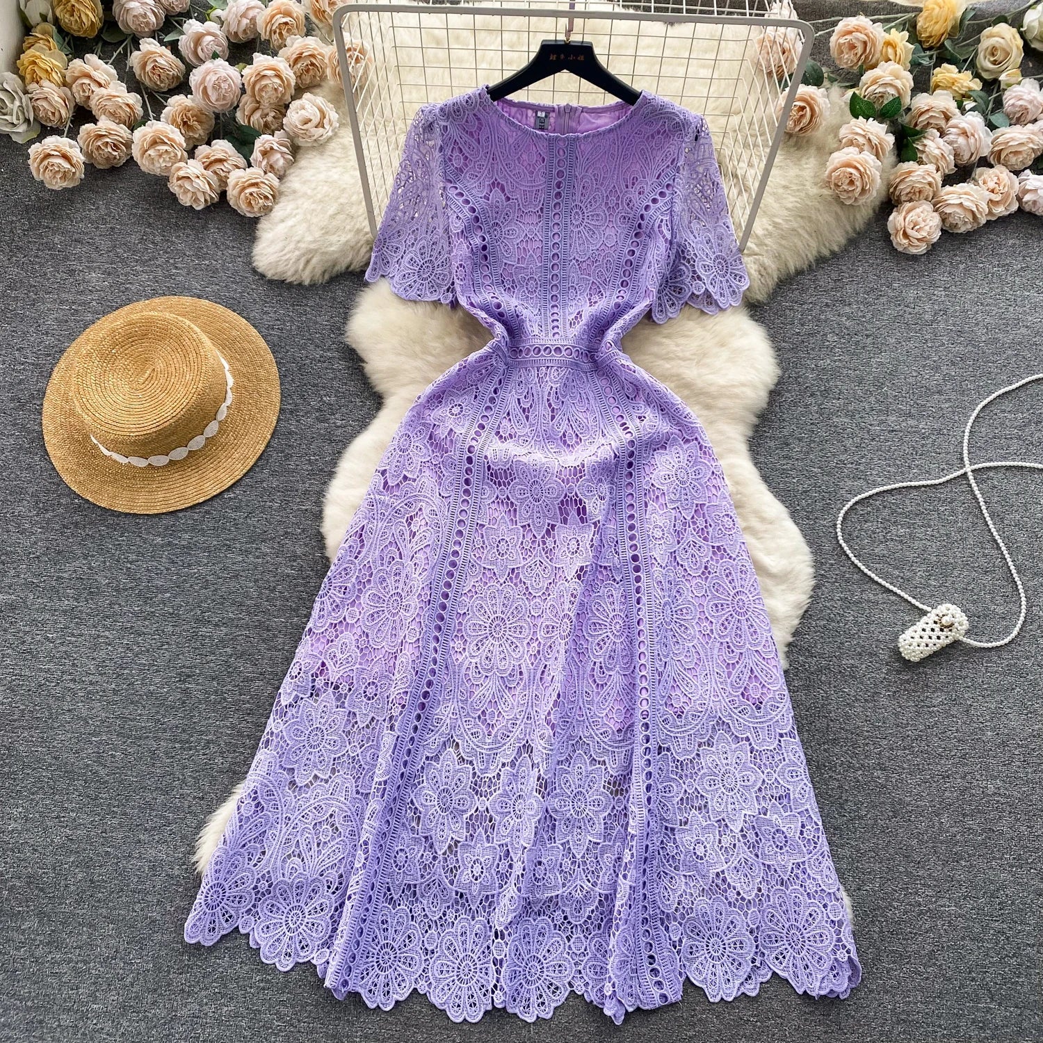 Embroidery Crochet Hollow Out Lace Dress For Women Summer Fashion Runway Short Sleeve Slim Waist Casual Party Midi Vestidos 6931