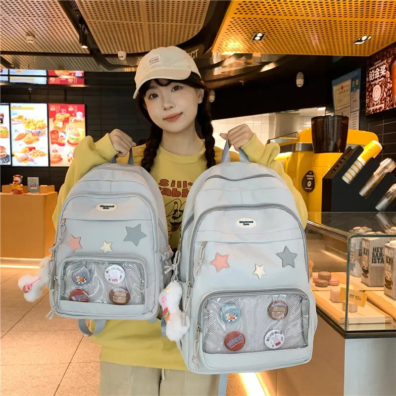Casual Transparent Badge Large Capacity Commuter Backpack Suitable for Middle School Students Cute School Style Double Shoulder