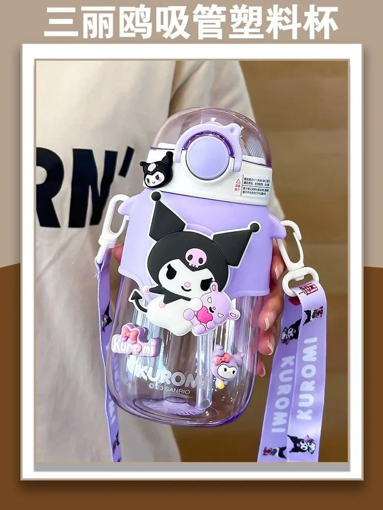 690ml Sanrio Large Capacity Water Bottle Cinnamoroll Kuromi My Melody Portable Straw Water Cup for Outdoor Sports Fitness