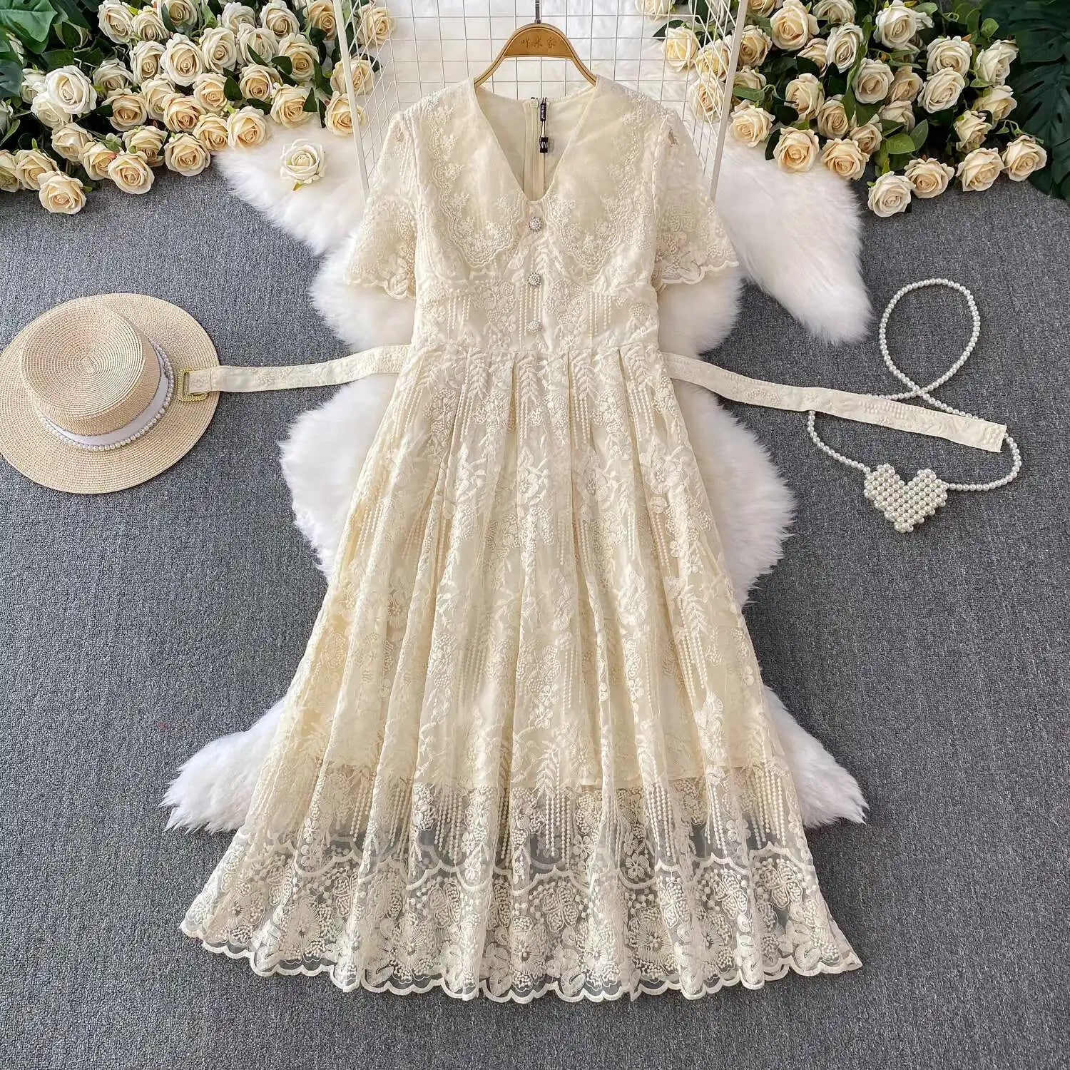 Luxury Formal Evening Lace Dress Women Summer Short Sleeve Crochet Embroidery Prom Long Dresses Runway Party Vestidos
