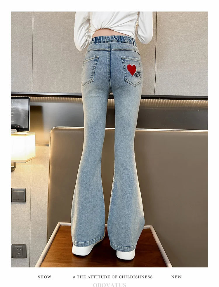 Child Slim Close-fitting Heart Pattern Flared Jeans For Girls Elegant Boot Cut Denim Leggings Pants Kids Fashion Jeans Trousers