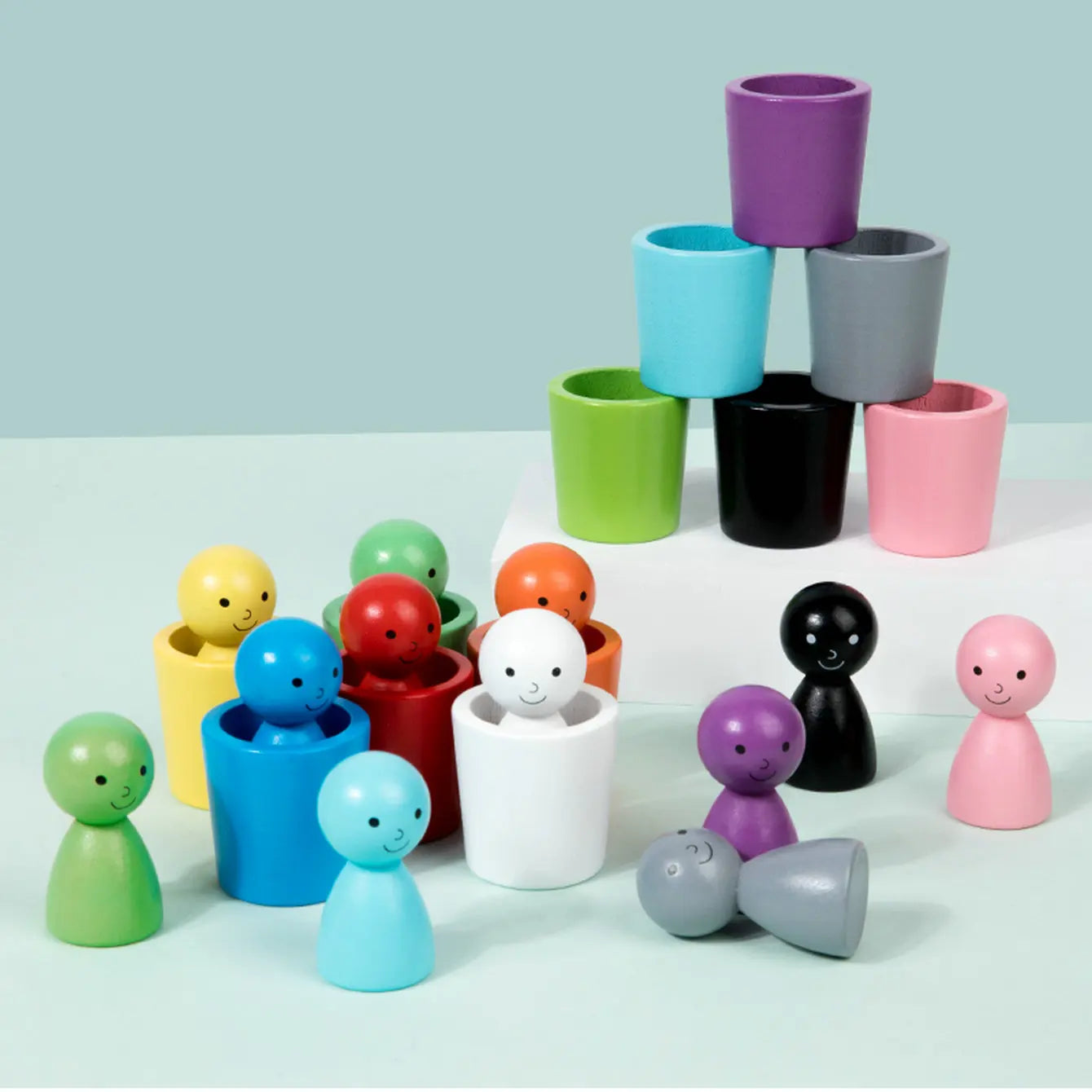 Montessori Wooden Color Recognition Toy with 12 Colorful Cups Educational Sorting Training Stacking Game for Kids 3 Years Gifts