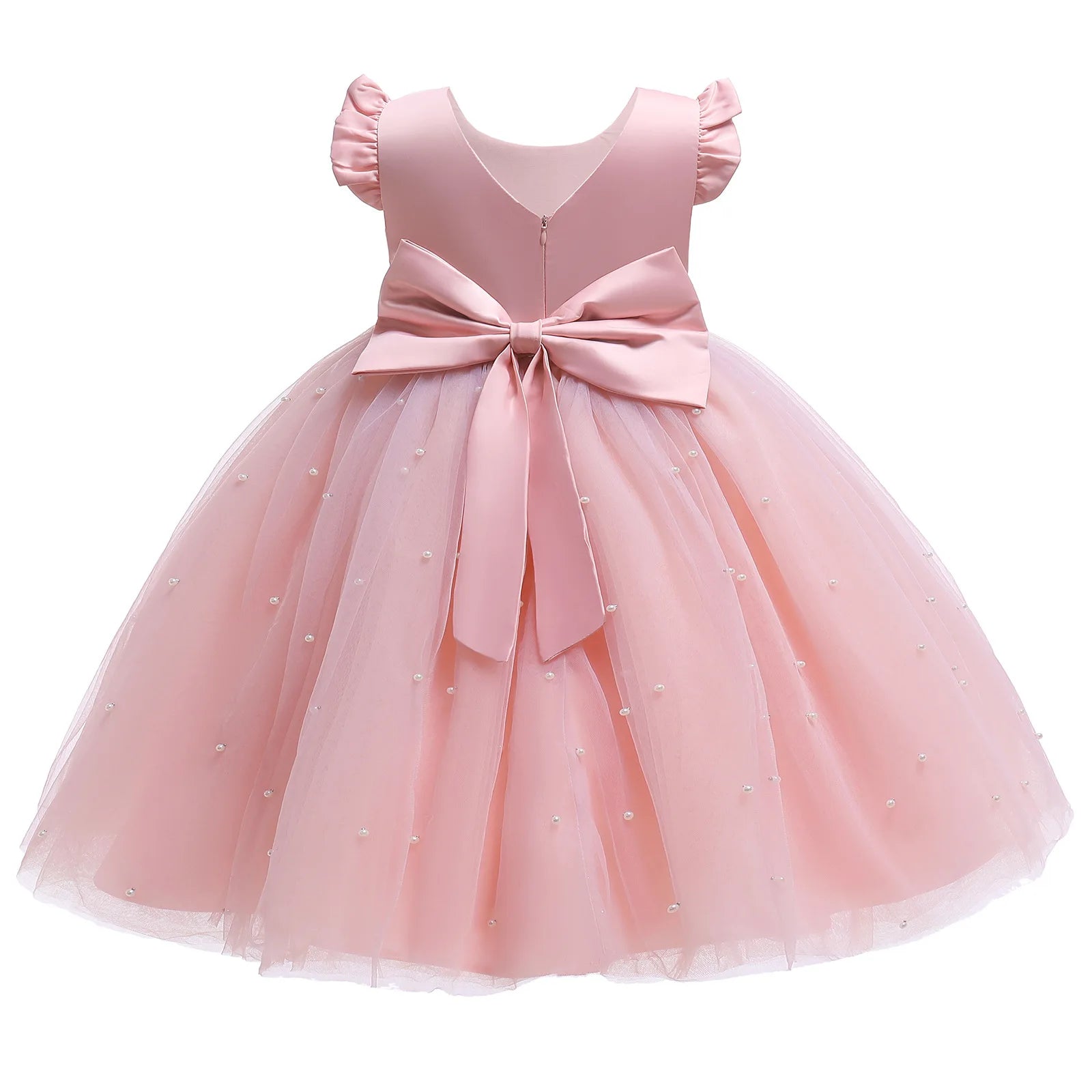 Baby Girl Party Dress Back Bow Elegant Flying Sleeve Mesh Tutu Dress with Pearl Solid Flower Girl Wedding Dress Birthday Gowns