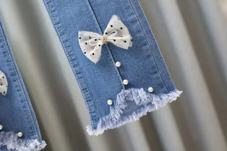 Girls Blue Jeans for Children's Fashion Clothing Princess Kids Denim Wide-leg Pants Baby Teens Girl Flared Bow Applique Trousers