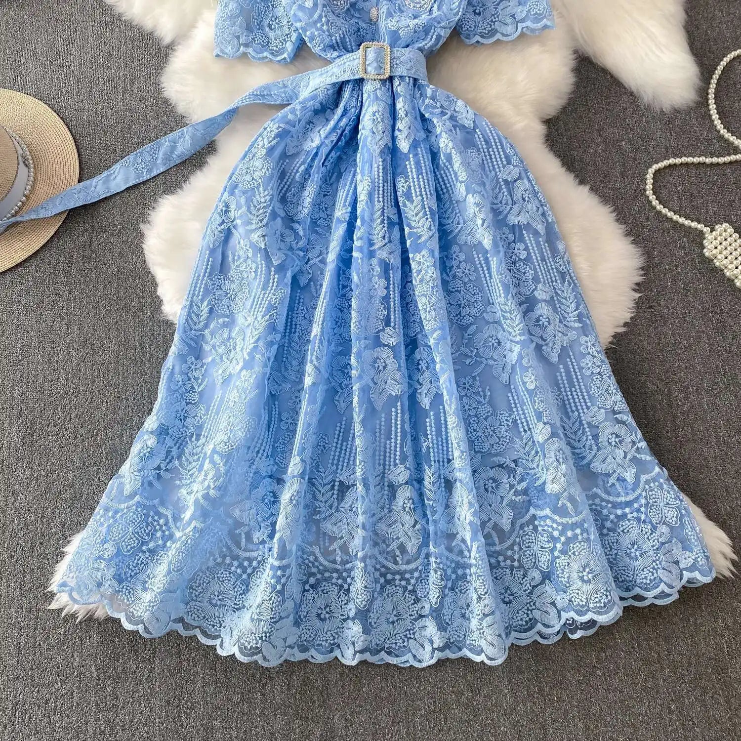 Luxury Formal Evening Lace Dress Women Summer Short Sleeve Crochet Embroidery Prom Long Dresses Runway Party Vestidos