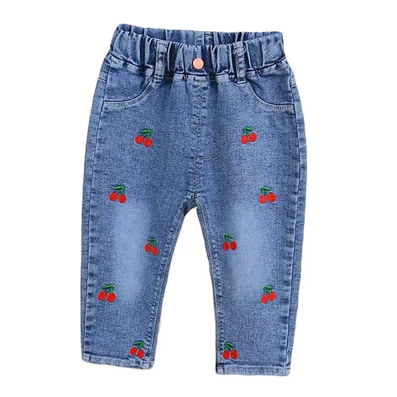 New children's denim pants girls' spring and autumn strawberry embroidery elastic versatile fashion pants 0-5 years old