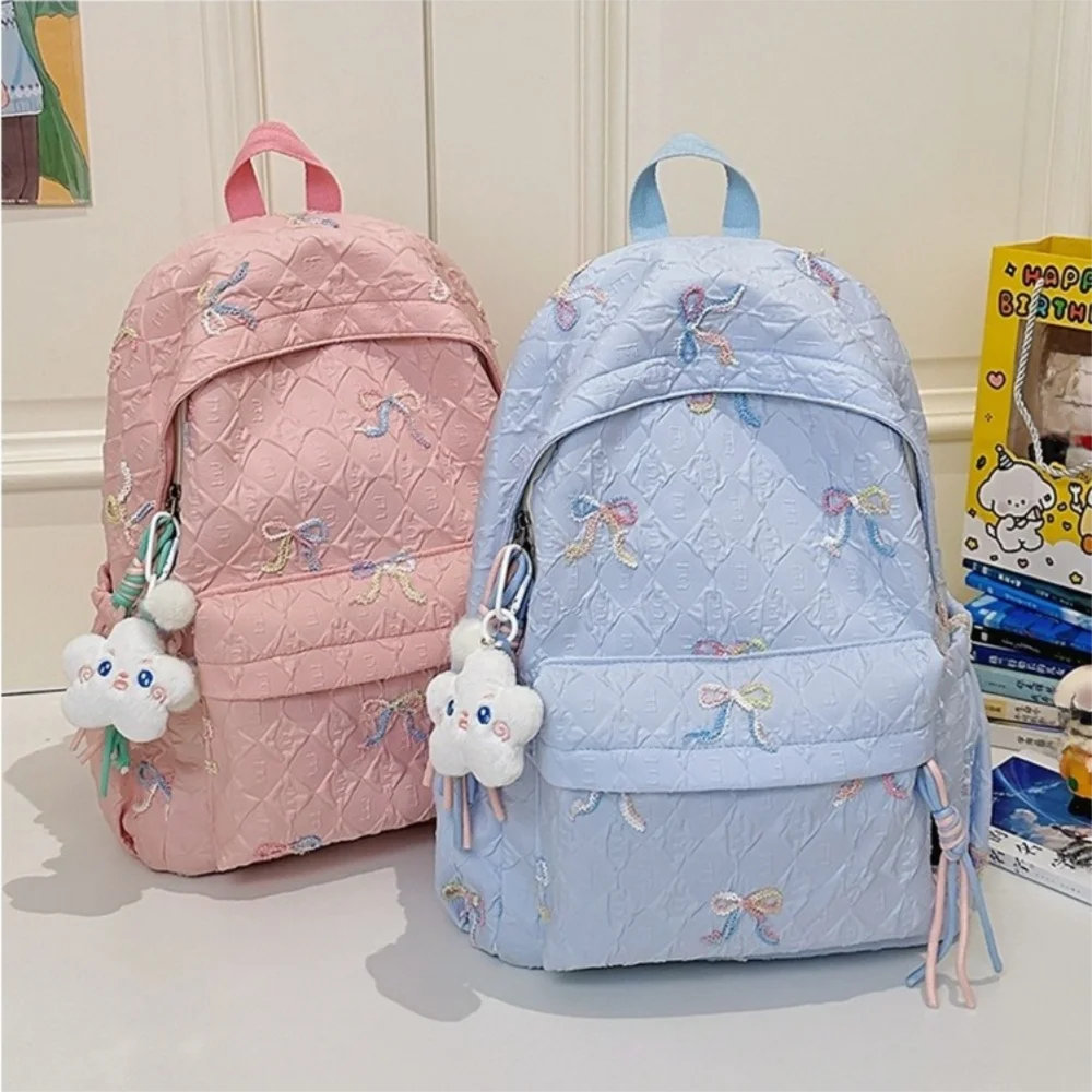 Fashion Embroidered Bow Backpack Nylon Large Capacity Students Schoolbag Multiple Pockets Wear-resistant Travel Rucksack